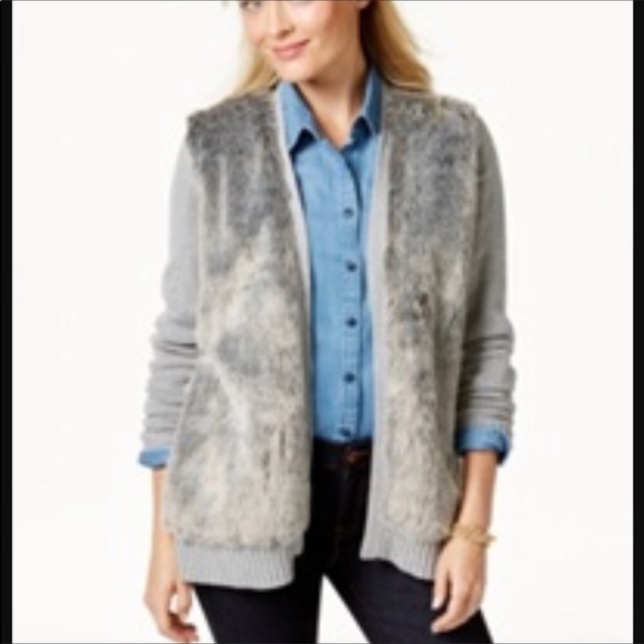 Charter Club Faux Fur Cardigan Sweater Large Gray NEW - Picture 1 of 7